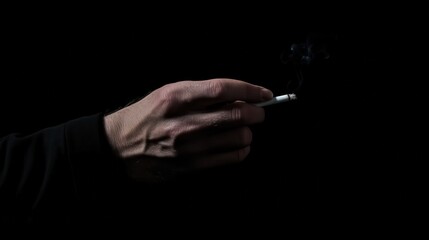 A man's hand holding a lit cigarette against a black background, emphasizing smoking addiction, health risks, or tobacco-related themes.