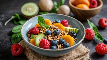 Fresh fruit salad with berries, perfect for a healthy breakfast or dessert