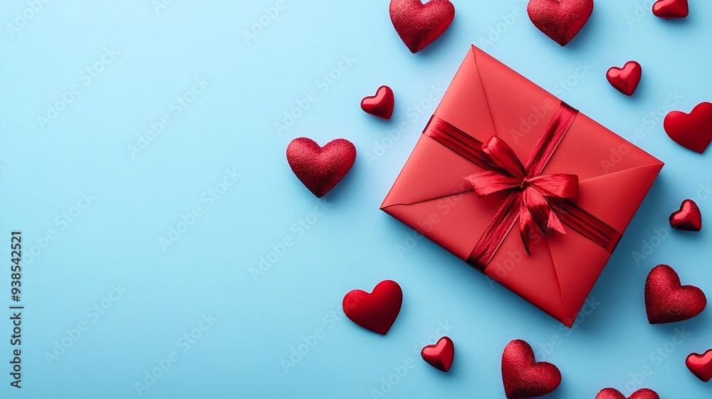 Poster beautiful present and red paper envelope and valentines hearts on blue background flat lay top view 