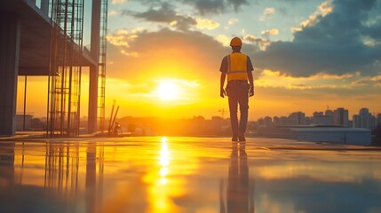 Construction house and contractor walking in a building with maintenance renovation and work with sunshine Architecture home renovation and fast construction worker on a site working a : Generative AI