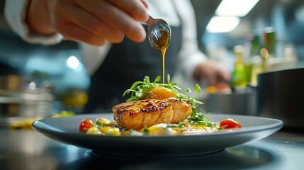 Cook adding some sauce to dish Cropped chef preparing food meal in kitchen chef cooking Chef decorating dish closeup : Generative AI