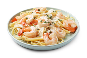 Delicious pasta with shrimps and creamy sauce isolated on white