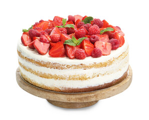 Tasty sponge cake with fresh berries and mint isolated on white
