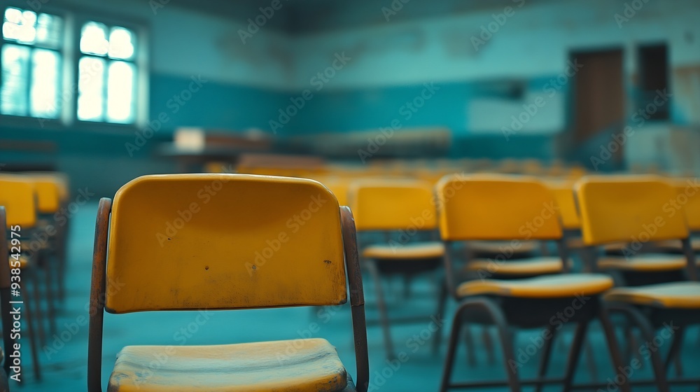 Aufkleber The concept of graduating from high school Upsidedown chairs in an empty classroom at the school : Generative AI