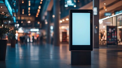 Advertising digital screen on pillar in shopping mall Vertical OOH out of home poster display in retail environment Out of focus bokeh effect in background : Generative AI