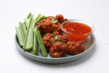 Baked cauliflower buffalo wings with celery and sauce on white tiled table, closeup