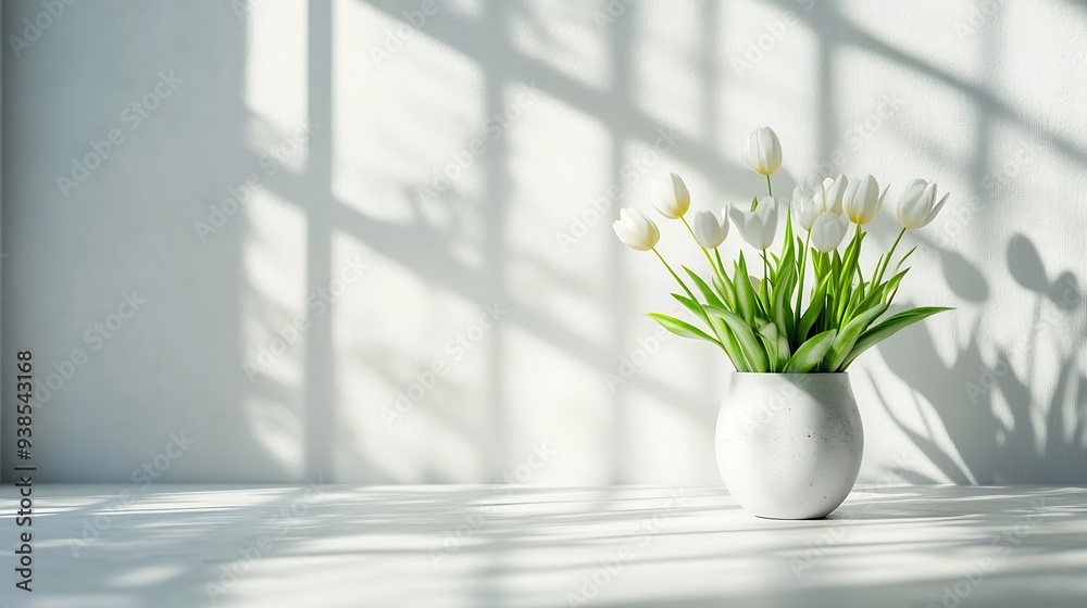 Poster table background of free space and kitchen interiorwhite wall with shadows and sunny warm morning ti