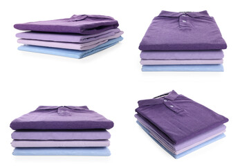 Stacked t-shirts isolated on white, collage of views from different sides