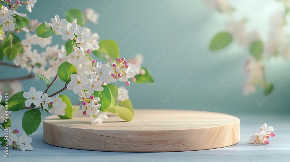 Poster Geometric empty podium wooden platform stand for product presentation and spring flowering tree branch with white lilac flowers on pastel light background : Generative AI
