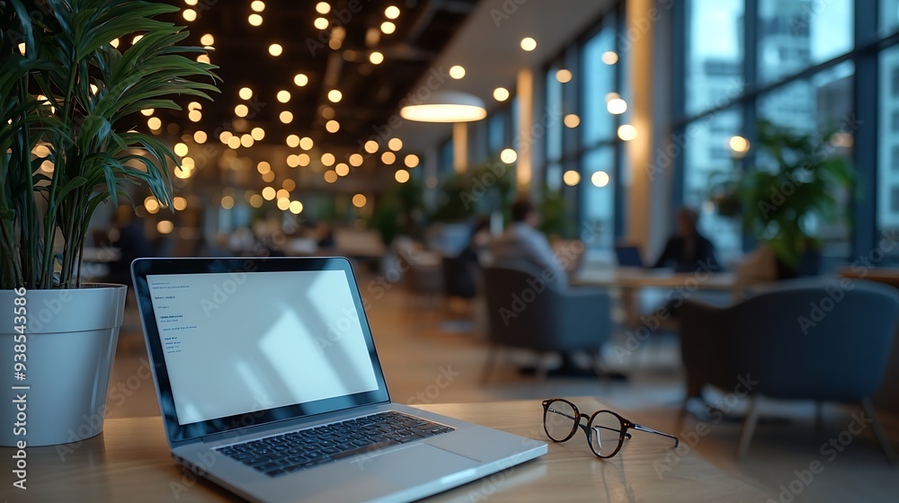 Fototapete Laptop Computer notebook and eyeglasses sitting on a desk in a large open plan office space after working hours : Generative AI