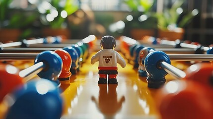 Foosball table football match taken from behind the goal keeper Sharp focus from front to back Exciting indoor game : Generative AI