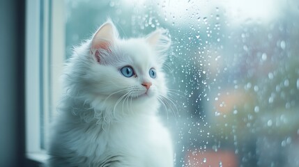A white kitten with sweet eyes and long fur sits on a windowsill inside an apartment on a rainy day Cat looks into the window : Generative AI