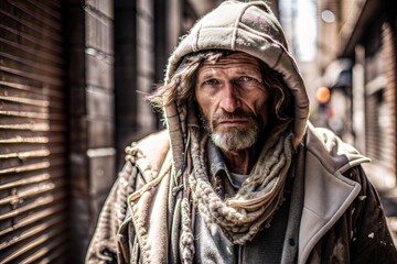 Homeless man on the street. Concept of social problems. Migrants and immigrants.