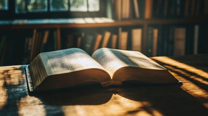 An open book on a rustic wooden table, with soft sunlight streaming through the pages