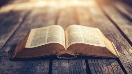 Obraz premium An open book on a rustic wooden table, with soft sunlight streaming through the pages