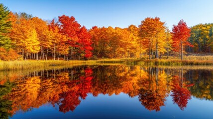 Vibrant autumn foliage reflects in clear, calm lake