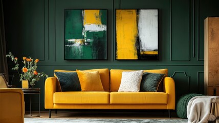 Modern living room with yellow sofa, abstract paintings, and green wall