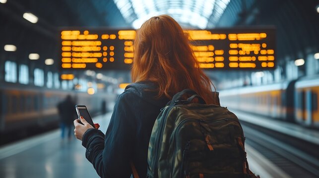 Young redhead woman with backpack pointing finger on train timetable on a railway station 30s female with smart phone Looking at Arrival and Departure Information Display Traveler : Generative AI