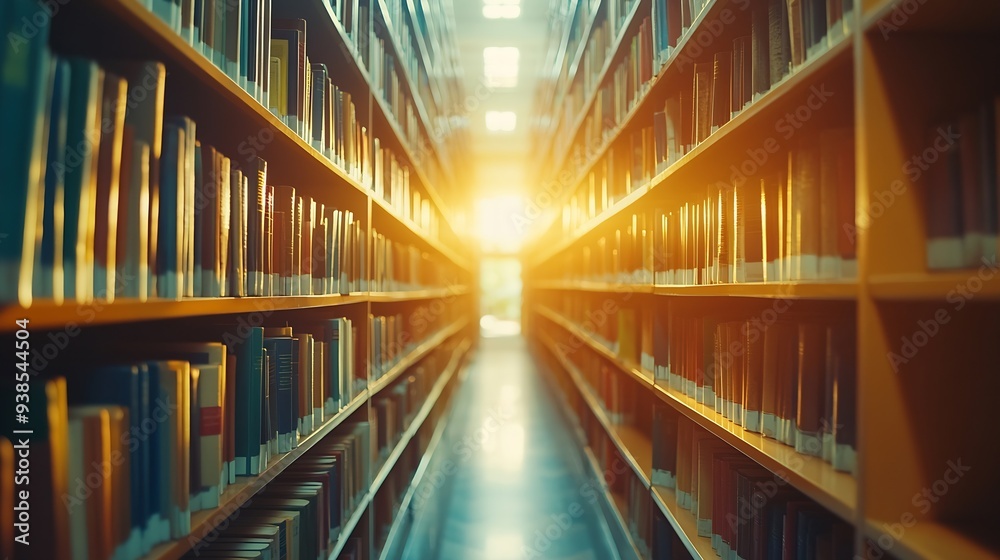 Aufkleber Abstract blurred public library interior space blurry room with bookshelves by defocused effect use for background or backdrop in business or education concepts : Generative AI