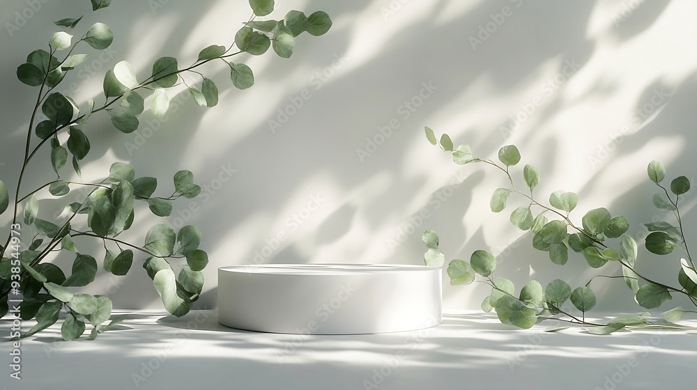 Poster two empty white cylinder shaped podium and natural green eucalyptus branch with shadows on light gre