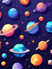 A seamless pattern of colorful planets and moons, arranged in an elegant gradient on a dark background