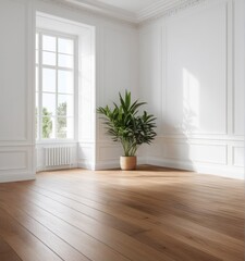Fototapeta premium An empty white room with a wooden floor and a potted plant