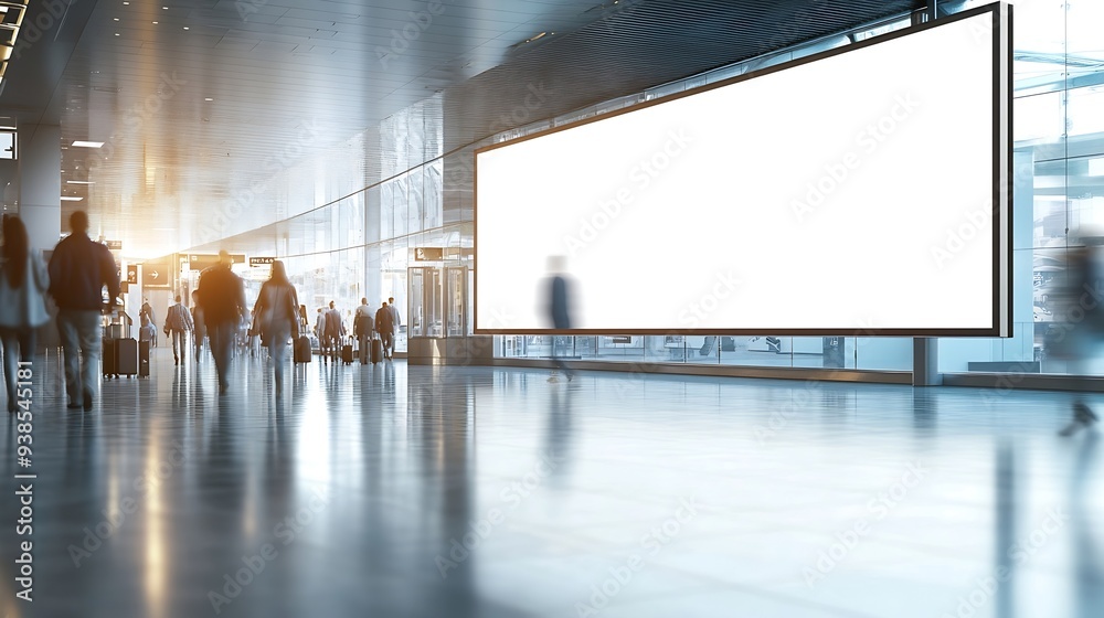 Poster blank billboard with blurred image of people walking in airport terminal : generative ai