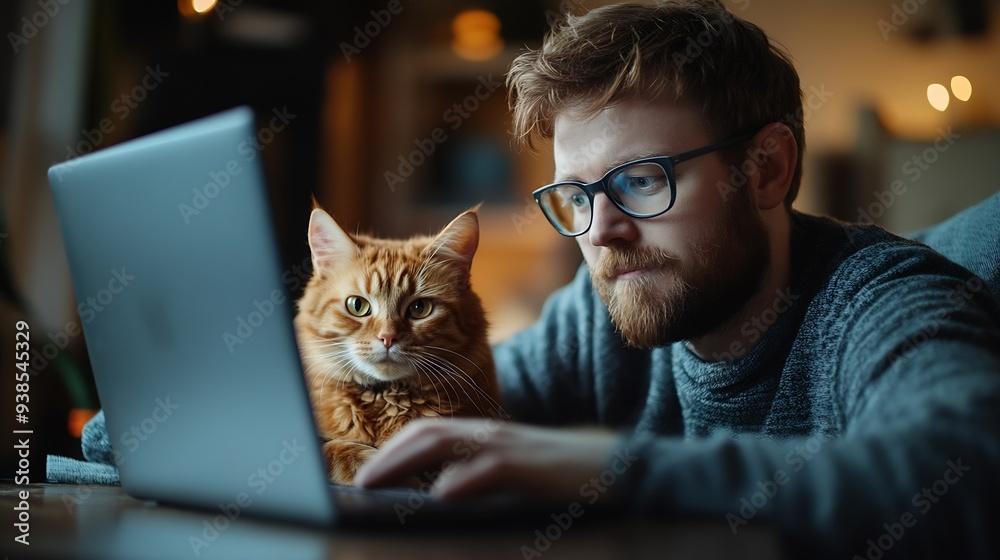 Poster Man working online from home with pet using laptop Ginger cat looks at screen interested in computer Interrupting while working on internet : Generative AI