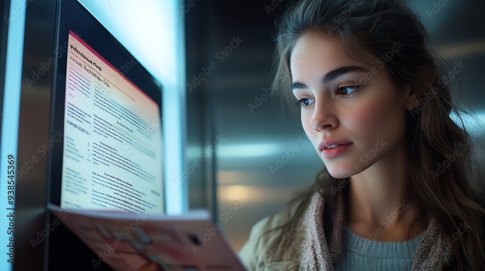 Poster a woman reads an advertisement for a new product on an elevator screen the woman is intrigued by the