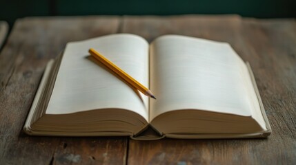 An open book on a wooden table with a pencil lying across the pages, ready for note-taking