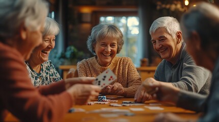 Fototapeta premium Group of happy seniors having fun while playing cards at home : Generative AI