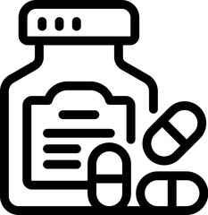 Black outline icon of a medicine bottle with pills spilling out, representing healthcare and pharmaceutical concepts