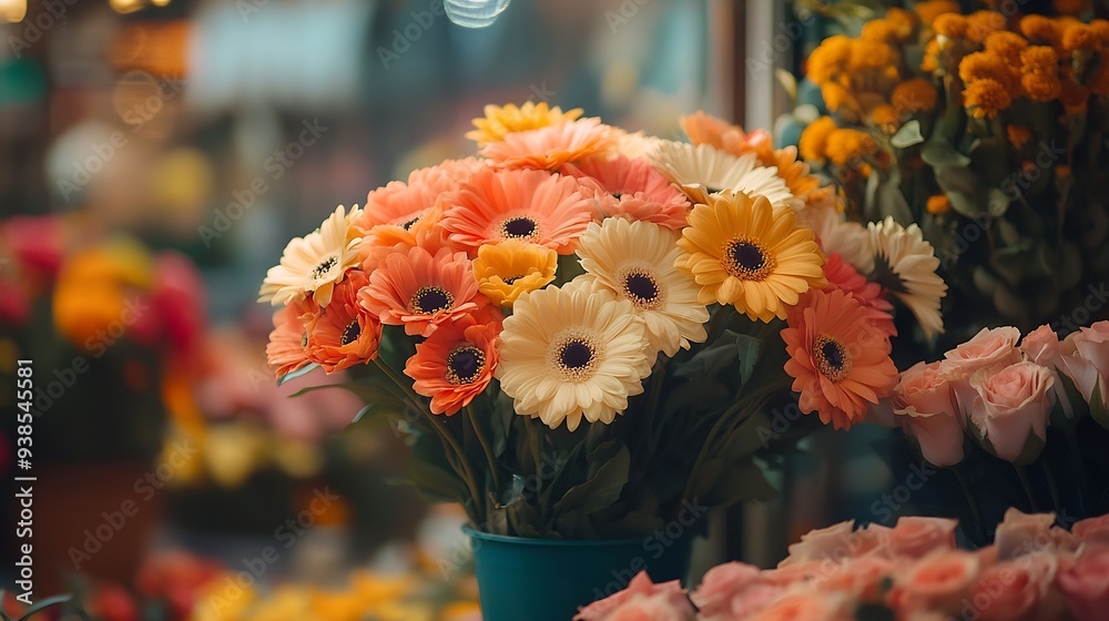 Poster window display of a florist full of warm colored flowers : generative ai