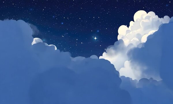 2D illustrated cartoon night sky featuring fluffy white clouds and twinkling stars