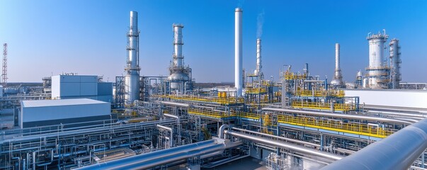 A modern industrial facility showcasing towering structures, pipelines, and equipment against a clear blue sky.