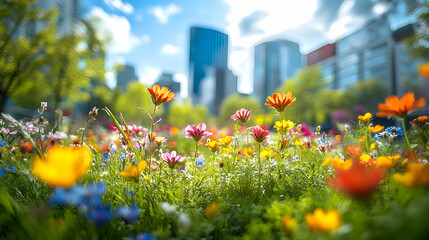 Colorful wildflowers bloom in a meadow with a city skyline in the background.
