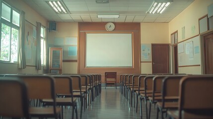 Fototapeta premium Lecture room or School empty classroom with desks and chair iron wood for studying lessons in high school Thailand interior of secondary education with whiteboard vintage tone educatio : Generative AI