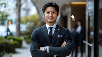 Confident businessman standing with arms crossed outside modern building.