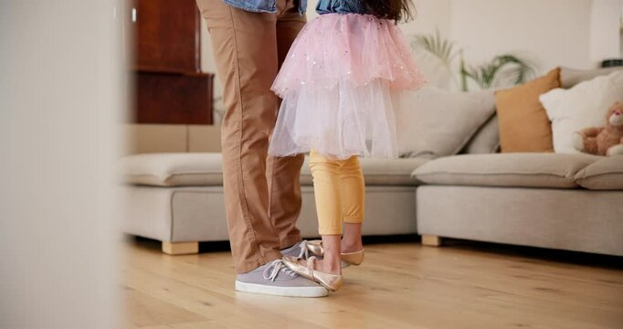 Family, man and kid with feet for dancing in home with help, trust or care for memory in living room. People, movement and little girl in tutu with fun for quality, time or love in bond with father