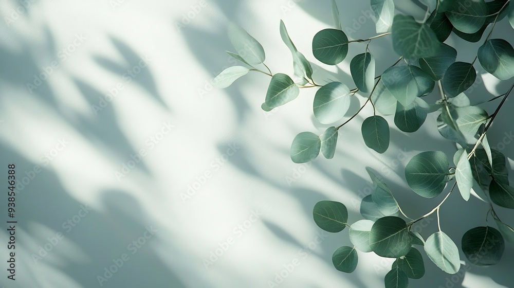 Aufkleber Green eucalyptus branch with beautiful shadows on empty light grey background Backdrop for product presentation Beauty cosmetic advertising display mockup Minimal still life Front view : Generative AI