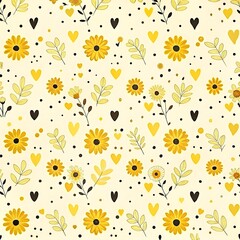 Fototapeta premium Yellow Flower and Heart Pattern - Cute Floral Digital Design