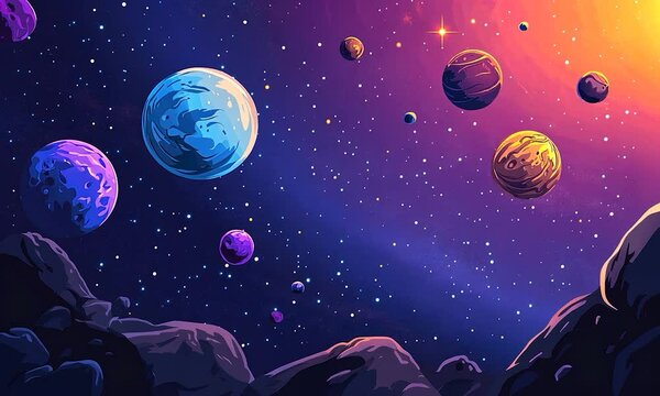 2D illustration in a cartoon style depicting deep space with stars planets and moons A variety of imaginative science fiction backdrops showcasing alien solar systems