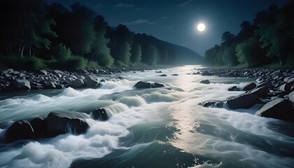 A dynamic capture of a river rapid, with sunlight shining on the turbulent water, highlighting every splash and wave.