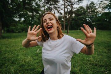 A happy young woman with red lipstick and braces expressing joy while laughing outdoors in a lush green park.