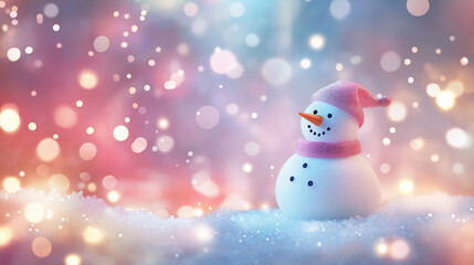 Obraz premium A cute snowman stands in a snowy landscape wearing a pink hat and scarf, with warm, colorful bokeh lights in the background, creating a magical winter atmosphere.