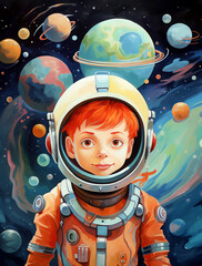 A young boy with red hair, wearing an astronaut suit, surrounded by planets and stars against a space background