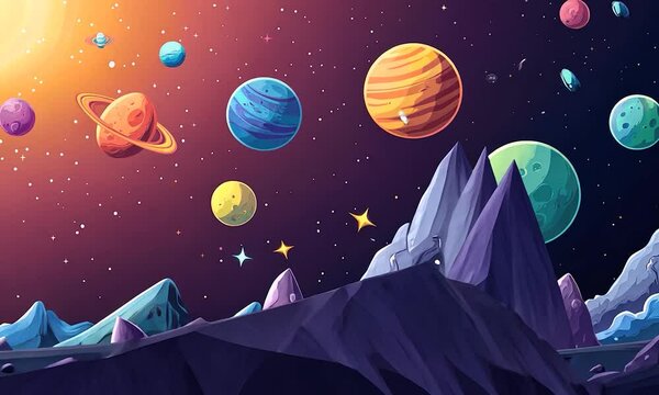 2D illustration in a cartoon style showcasing a vast space scene with stars planets moons and imaginative science fiction backdrops Alien solar systems and celestial elements depicted