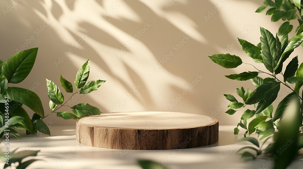 Poster minimal modern product display on neutral beige background wood slice podium and green leaves concep