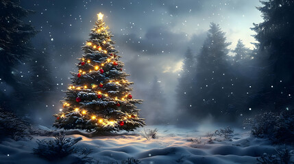 Decorated Christmas tree in snowy forest at night.