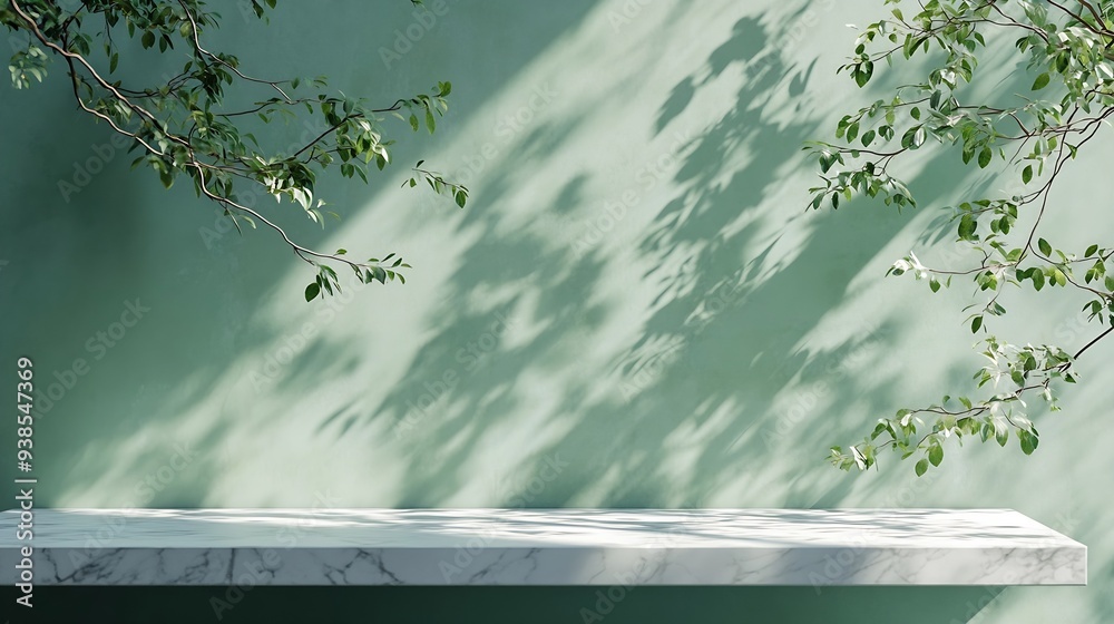 Poster Minimal empty white marble counter table top green tree branches in sunlight leaf shadow on green wall background for cosmetic skincare beauty treatment product display : Generative AI